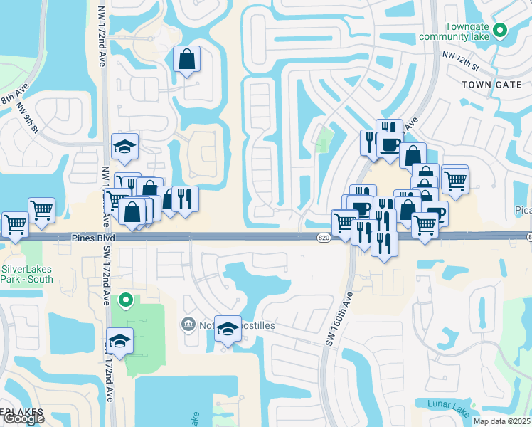 map of restaurants, bars, coffee shops, grocery stores, and more near 16520 Northwest 1st Street in Pembroke Pines