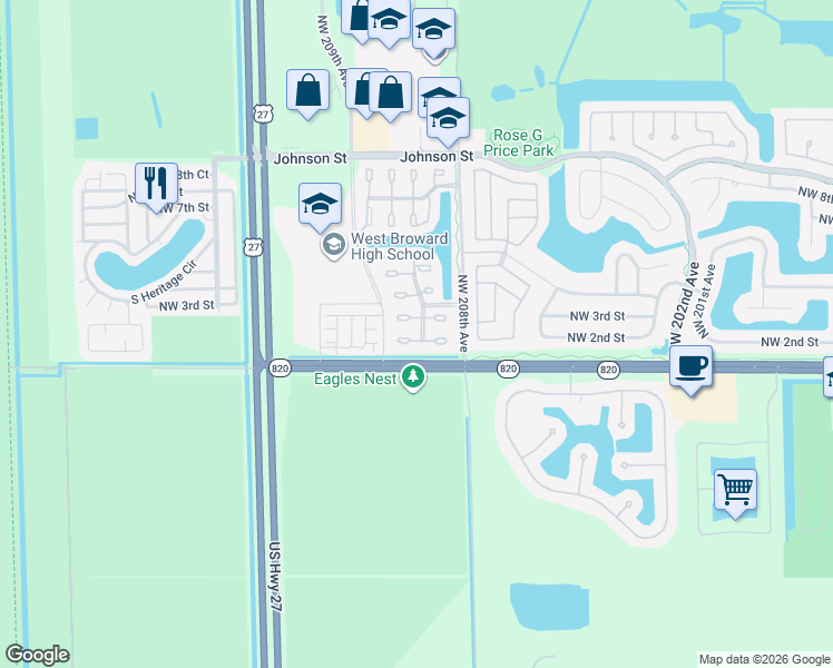 map of restaurants, bars, coffee shops, grocery stores, and more near 20850 Northwest 1st Street in Pembroke Pines