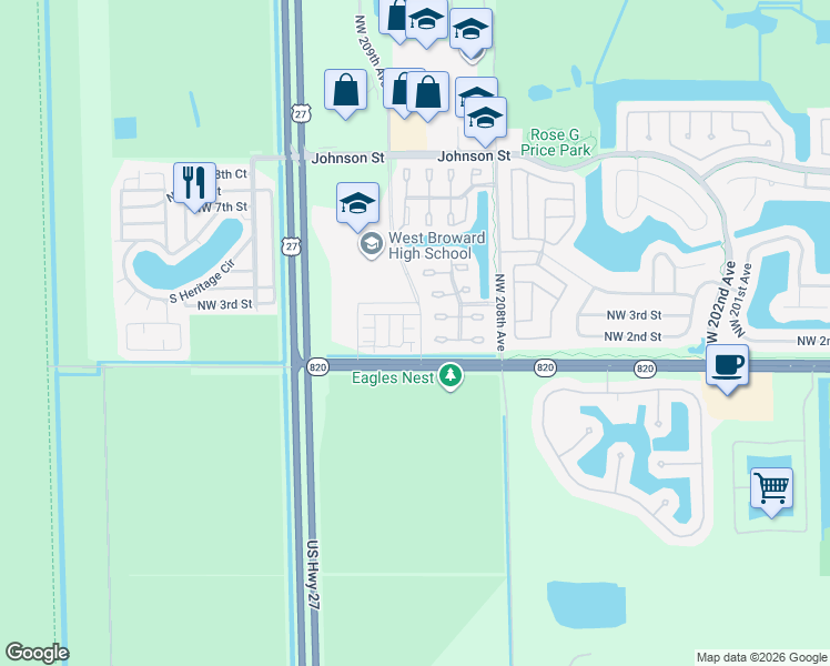 map of restaurants, bars, coffee shops, grocery stores, and more near 20919 Northwest 1st Street in Pembroke Pines