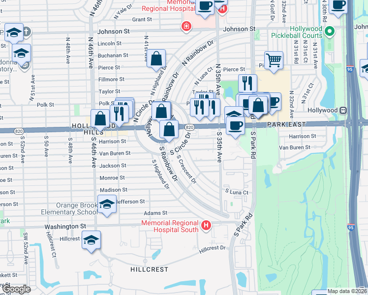 map of restaurants, bars, coffee shops, grocery stores, and more near 131 South Luna Court in Hollywood