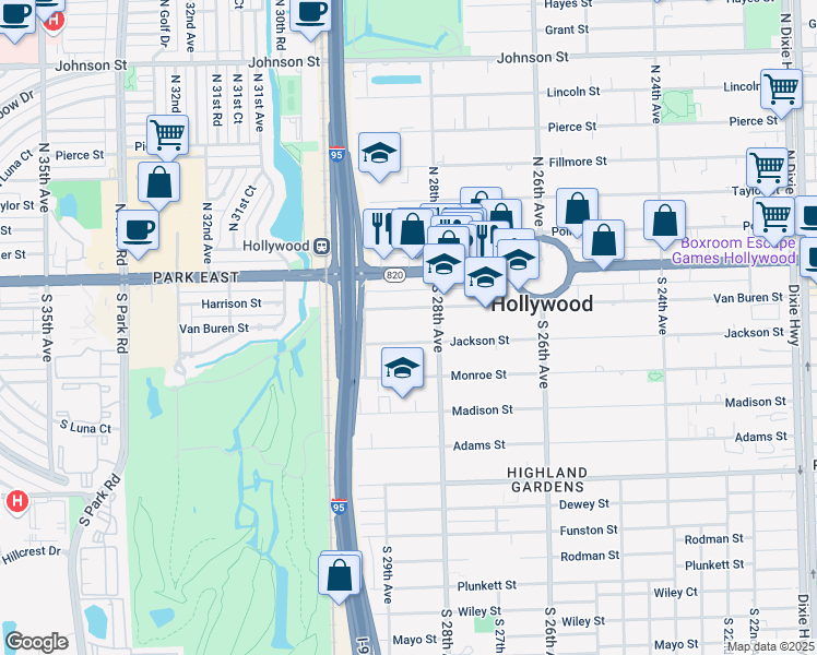 map of restaurants, bars, coffee shops, grocery stores, and more near 2829 Jackson Street in Hollywood