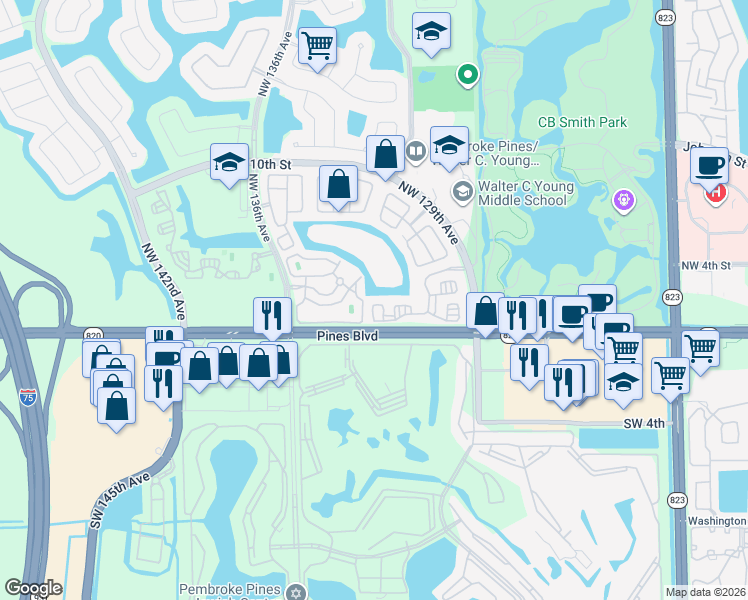 map of restaurants, bars, coffee shops, grocery stores, and more near 13041 Northwest 1st Street in Pembroke Pines