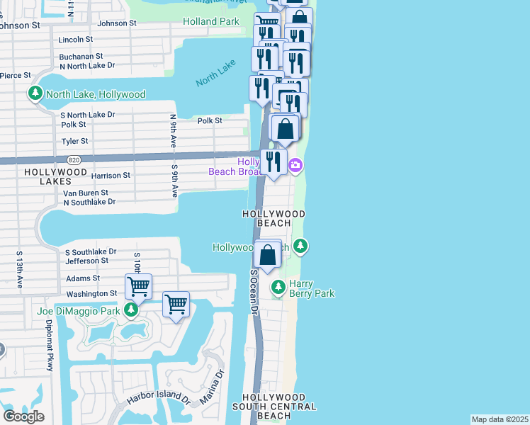 map of restaurants, bars, coffee shops, grocery stores, and more near 602 South Ocean Drive in Hollywood