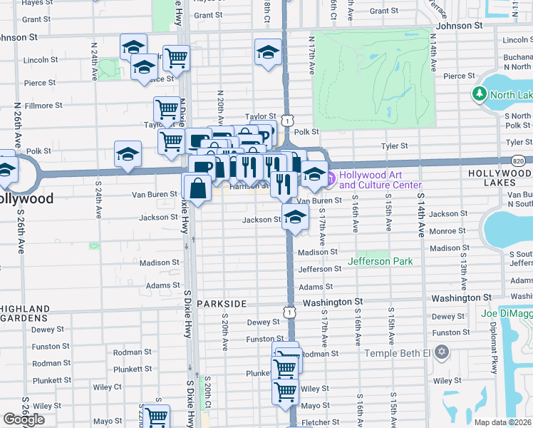 map of restaurants, bars, coffee shops, grocery stores, and more near 398 South 19th Avenue in Hollywood