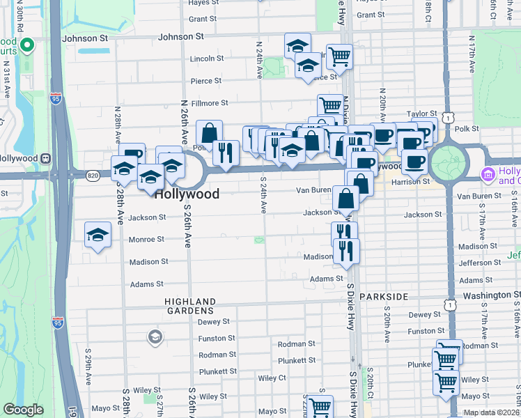 map of restaurants, bars, coffee shops, grocery stores, and more near 2328 Jackson Street in Hollywood