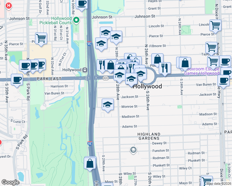 map of restaurants, bars, coffee shops, grocery stores, and more near 327 South 28th Avenue in Hollywood