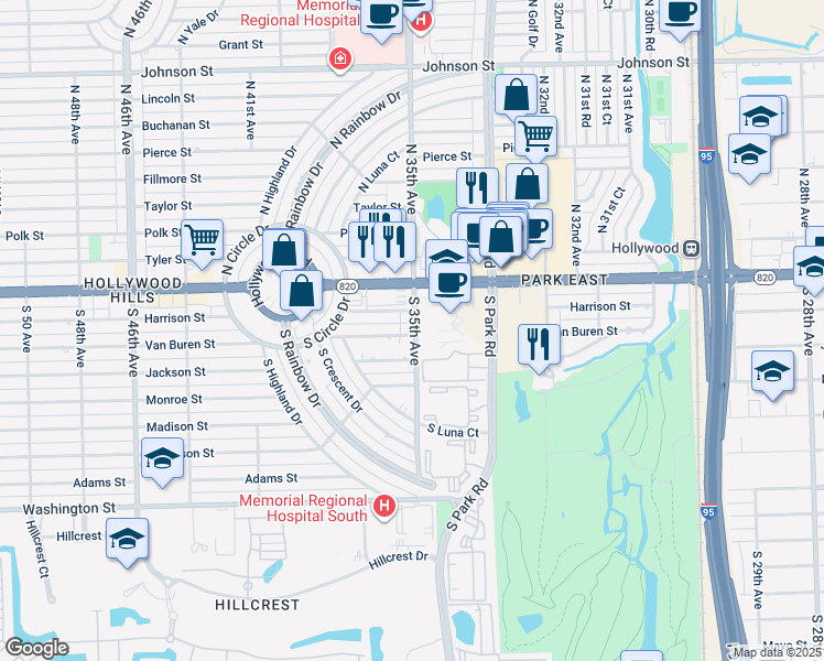 map of restaurants, bars, coffee shops, grocery stores, and more near 300 South Park Road in Hollywood