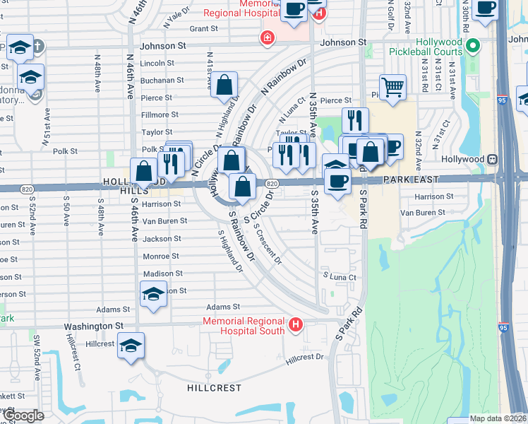 map of restaurants, bars, coffee shops, grocery stores, and more near 131 South Luna Court in Hollywood