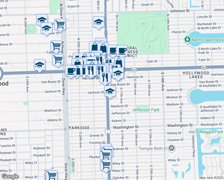 map of restaurants, bars, coffee shops, grocery stores, and more near 1720 Jackson Street in Hollywood
