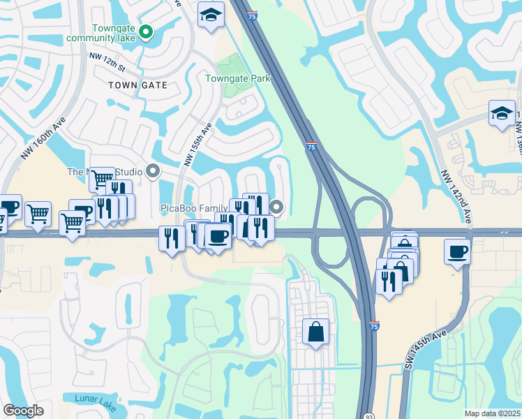 map of restaurants, bars, coffee shops, grocery stores, and more near 15195 Northwest 1st Street in Pembroke Pines