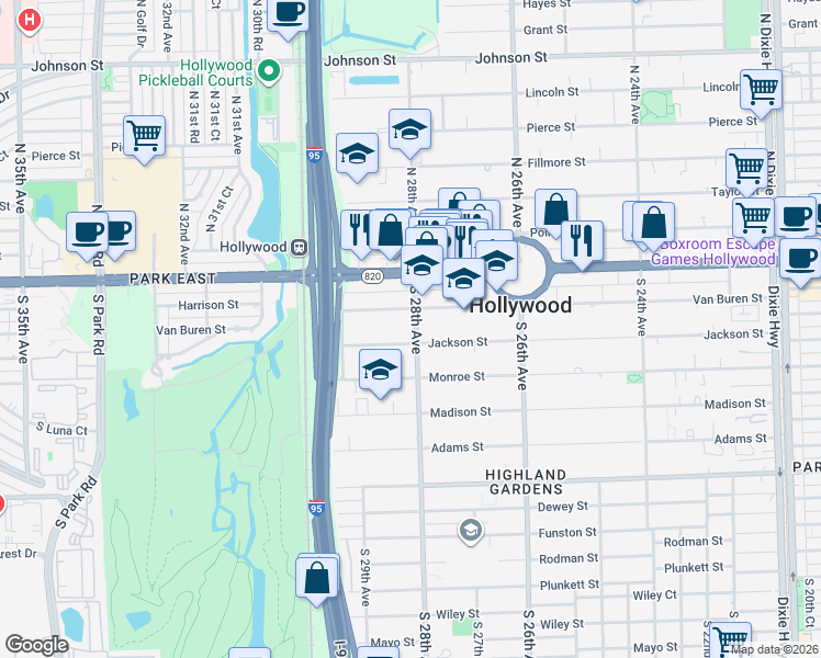map of restaurants, bars, coffee shops, grocery stores, and more near 2754 Jackson Street in Hollywood