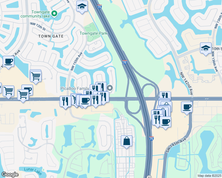 map of restaurants, bars, coffee shops, grocery stores, and more near 101 Northwest 151st Avenue in Pembroke Pines