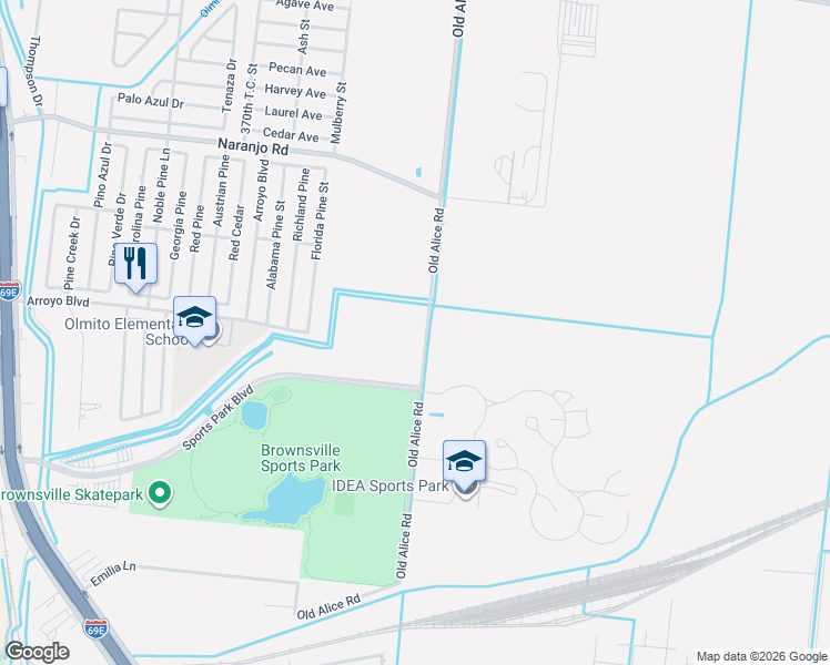 map of restaurants, bars, coffee shops, grocery stores, and more near FM 511/OLD Old Alice Road in Los Fresnos