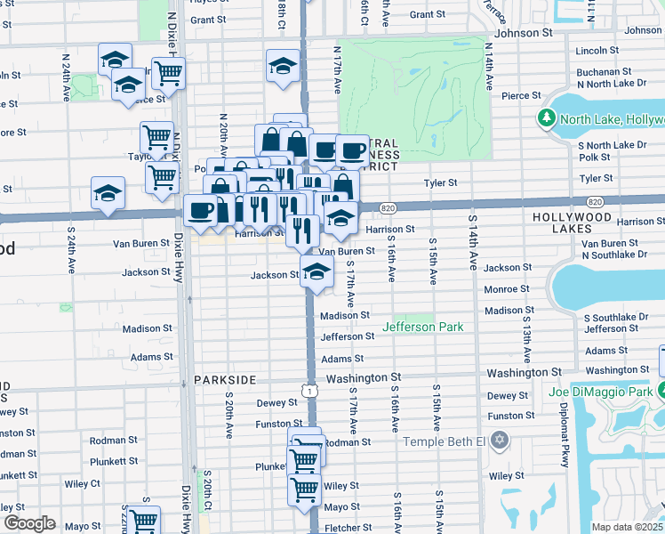 map of restaurants, bars, coffee shops, grocery stores, and more near 1720 Jackson Street in Hollywood