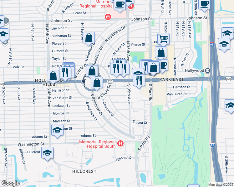 map of restaurants, bars, coffee shops, grocery stores, and more near 131 South Luna Court in Hollywood