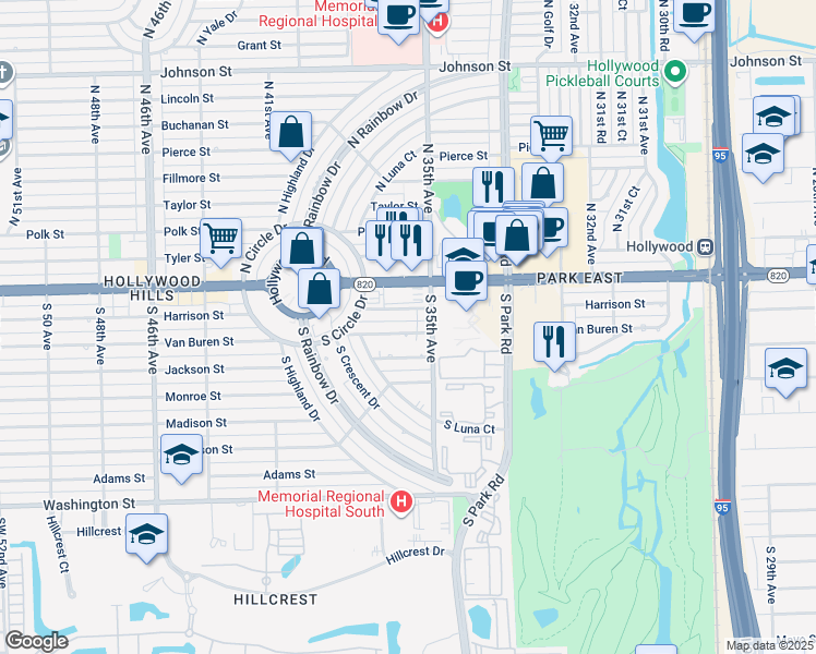 map of restaurants, bars, coffee shops, grocery stores, and more near 3600 Van Buren Street in Hollywood