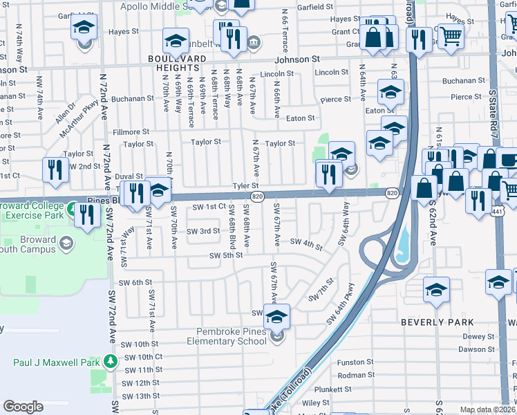 map of restaurants, bars, coffee shops, grocery stores, and more near 207 Southwest 68th Avenue in Pembroke Pines