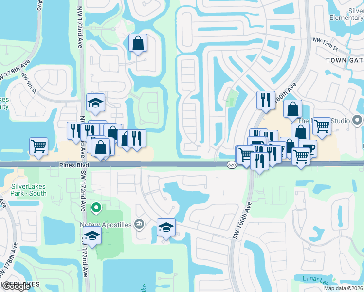 map of restaurants, bars, coffee shops, grocery stores, and more near 120 Northwest 166th Avenue in Pembroke Pines
