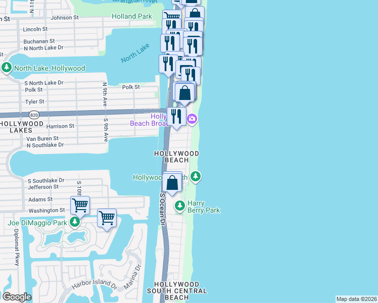 map of restaurants, bars, coffee shops, grocery stores, and more near in Hollywood