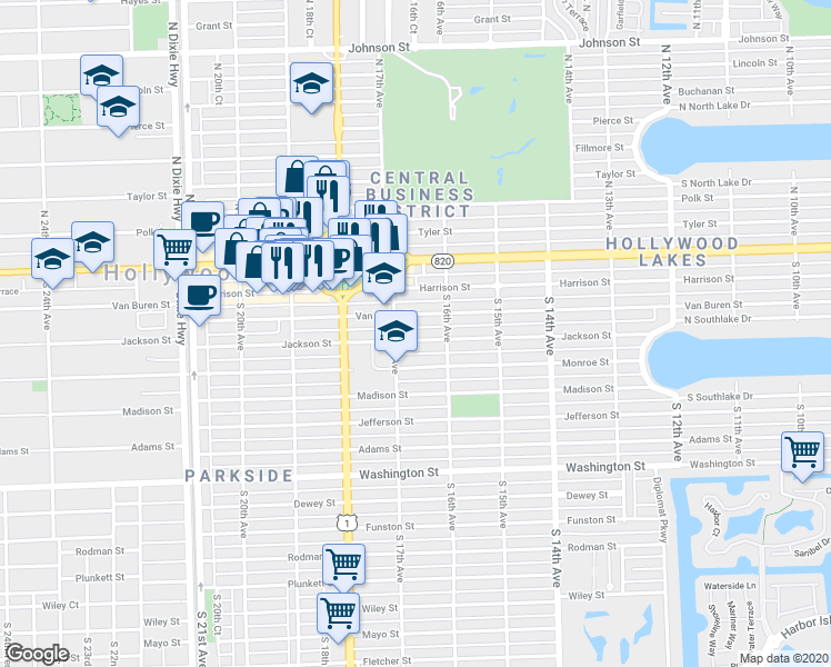 map of restaurants, bars, coffee shops, grocery stores, and more near 1644 Jackson Street in Hollywood