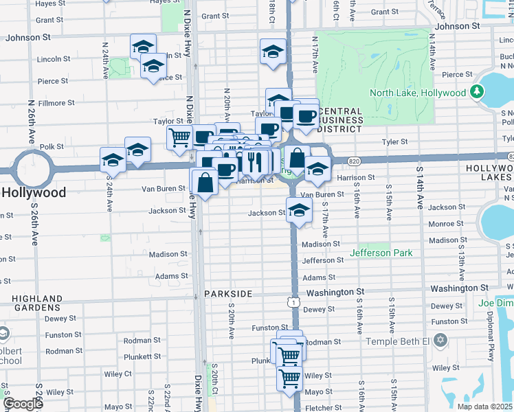 map of restaurants, bars, coffee shops, grocery stores, and more near 398 South 19th Avenue in Hollywood