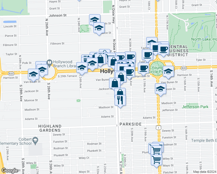 map of restaurants, bars, coffee shops, grocery stores, and more near 2200 Jackson Street in Hollywood