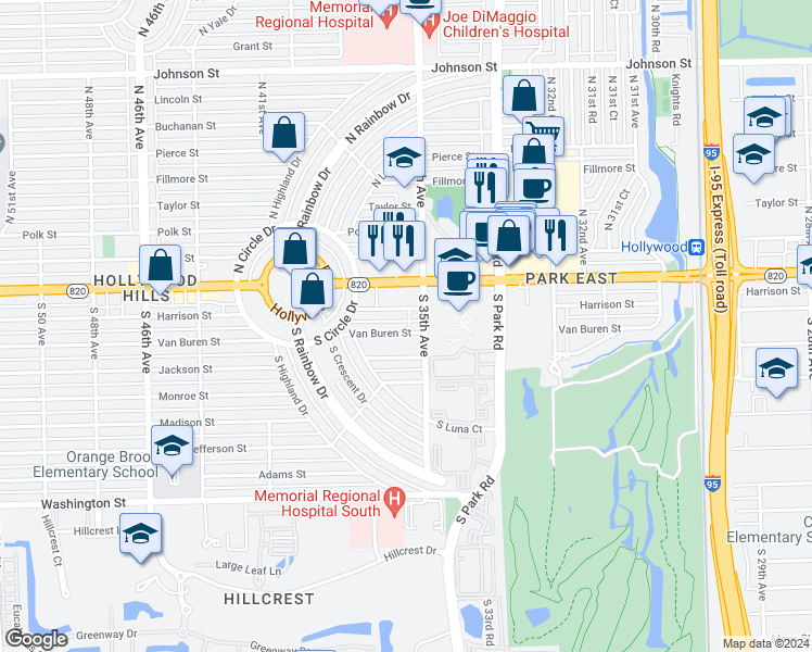 map of restaurants, bars, coffee shops, grocery stores, and more near 3600 Van Buren Street in Hollywood