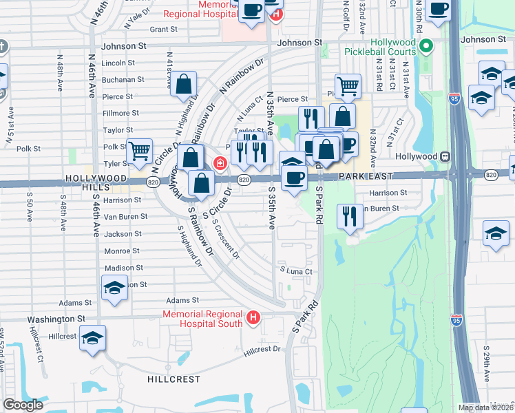 map of restaurants, bars, coffee shops, grocery stores, and more near 3600 Van Buren Street in Hollywood