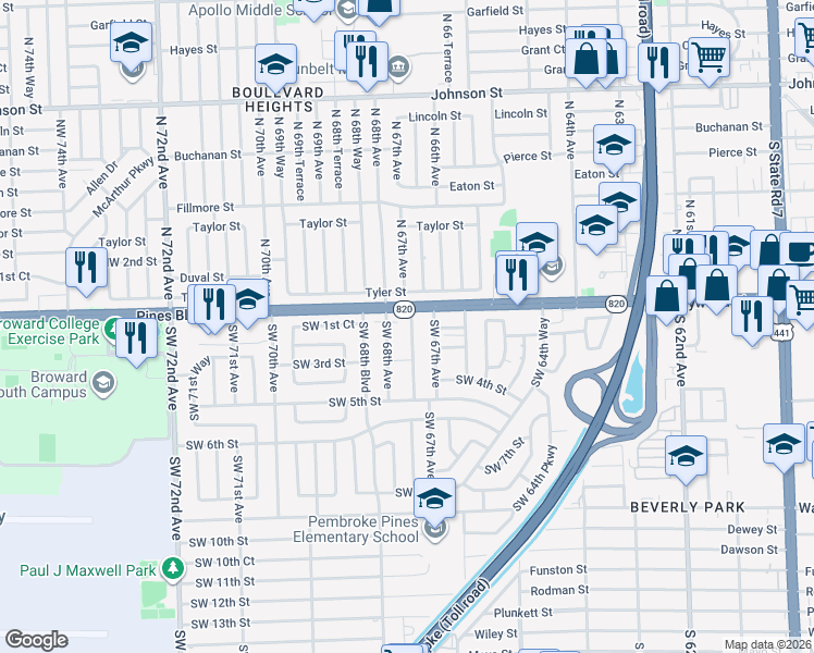 map of restaurants, bars, coffee shops, grocery stores, and more near 207 Southwest 68th Avenue in Pembroke Pines