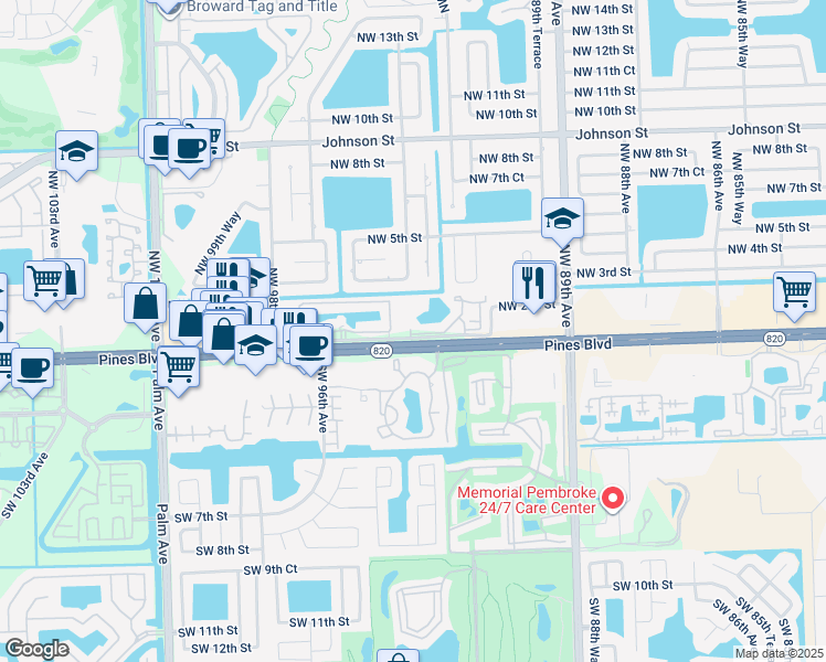 map of restaurants, bars, coffee shops, grocery stores, and more near 568 Palm Circle East in Pembroke Pines
