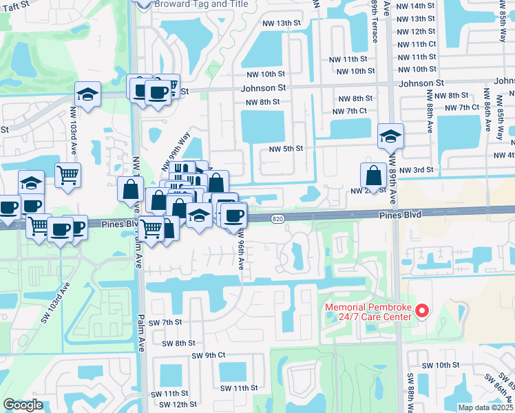 map of restaurants, bars, coffee shops, grocery stores, and more near 9 Northwest 93rd Avenue in Pembroke Pines