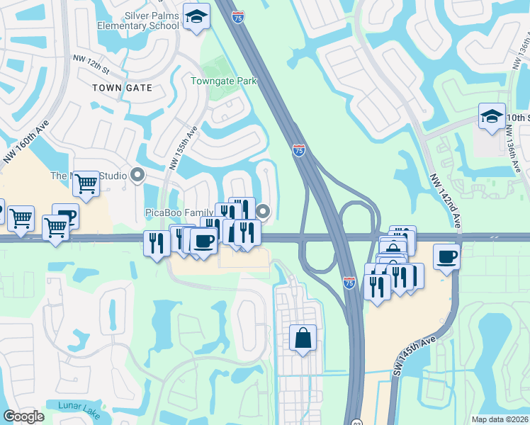 map of restaurants, bars, coffee shops, grocery stores, and more near 101 Northwest 151st Avenue in Pembroke Pines