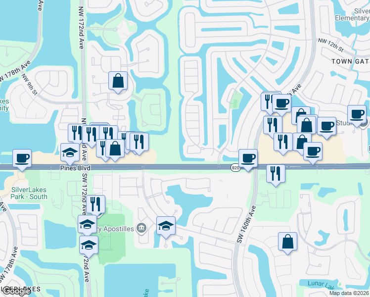 map of restaurants, bars, coffee shops, grocery stores, and more near 120 Northwest 166th Avenue in Pembroke Pines