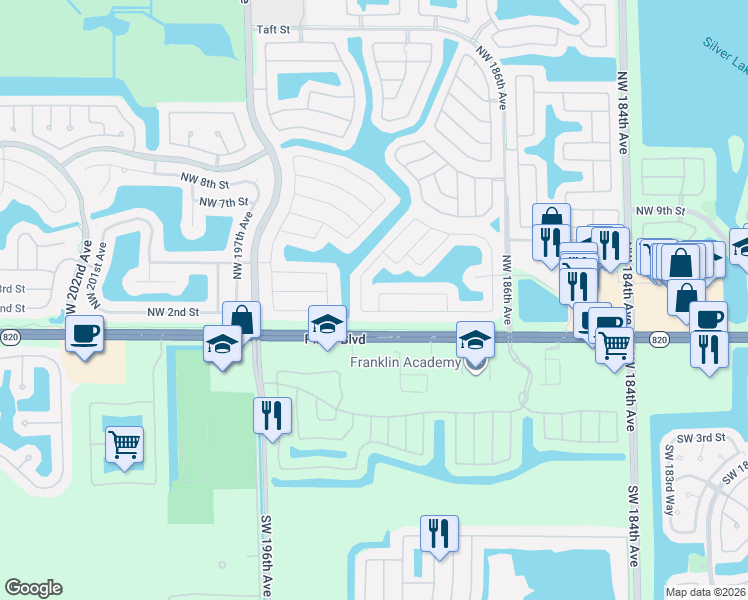 map of restaurants, bars, coffee shops, grocery stores, and more near 18866 Northwest 1st Street in Pembroke Pines