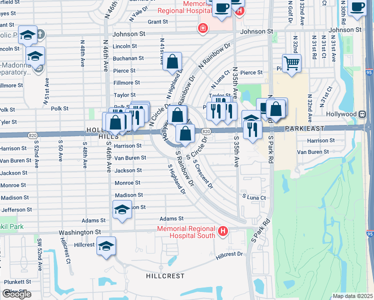 map of restaurants, bars, coffee shops, grocery stores, and more near 301 South Crescent Drive in Hollywood