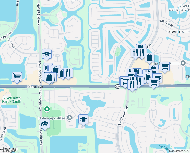 map of restaurants, bars, coffee shops, grocery stores, and more near 16520 Northwest 1st Street in Pembroke Pines
