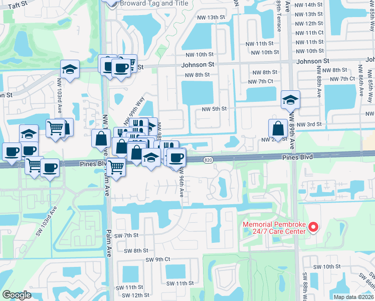 map of restaurants, bars, coffee shops, grocery stores, and more near 9 Northwest 93rd Avenue in Pembroke Pines