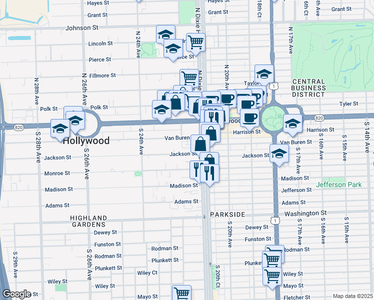 map of restaurants, bars, coffee shops, grocery stores, and more near 2131 Jackson Street in Hollywood