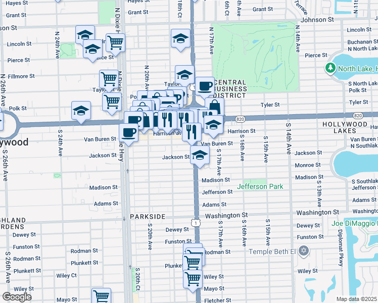 map of restaurants, bars, coffee shops, grocery stores, and more near 1800 Jackson Street in Hollywood