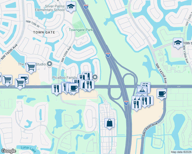 map of restaurants, bars, coffee shops, grocery stores, and more near 101 Northwest 151st Avenue in Pembroke Pines