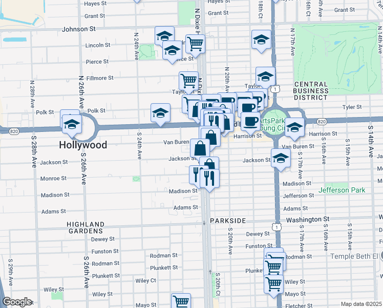 map of restaurants, bars, coffee shops, grocery stores, and more near 2121 Jackson Street in Hollywood