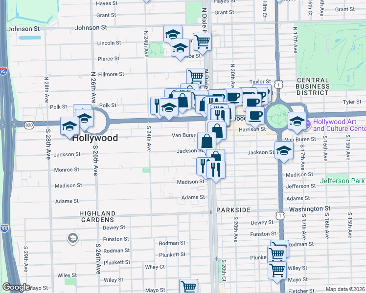 map of restaurants, bars, coffee shops, grocery stores, and more near 2200 Jackson Street in Hollywood