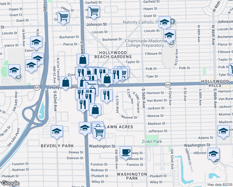 map of restaurants, bars, coffee shops, grocery stores, and more near 218 South 57th Way in Hollywood