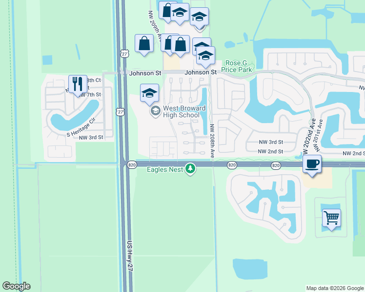 map of restaurants, bars, coffee shops, grocery stores, and more near 20850 Northwest 1st Street in Pembroke Pines