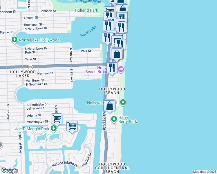 map of restaurants, bars, coffee shops, grocery stores, and more near 602 South Ocean Drive in Hollywood