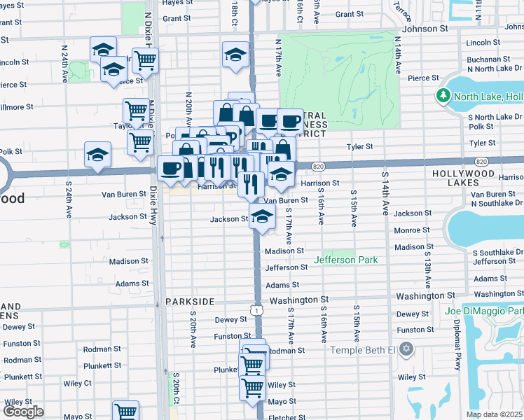 map of restaurants, bars, coffee shops, grocery stores, and more near 1720 Jackson Street in Hollywood