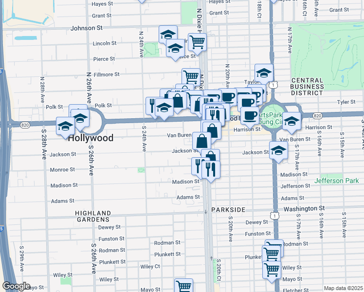 map of restaurants, bars, coffee shops, grocery stores, and more near 2200 Jackson Street in Hollywood