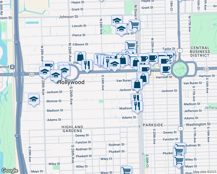 map of restaurants, bars, coffee shops, grocery stores, and more near 2328 Jackson Street in Hollywood