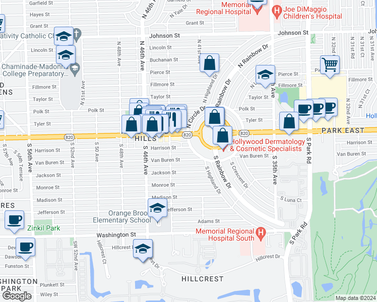 map of restaurants, bars, coffee shops, grocery stores, and more near 4200 Van Buren Street in Hollywood
