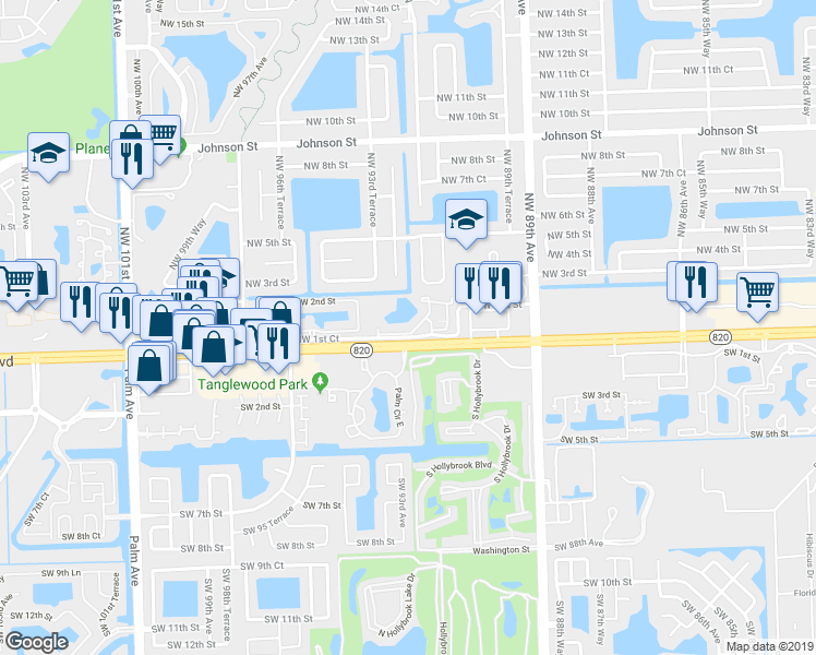map of restaurants, bars, coffee shops, grocery stores, and more near 568 Palm Circle East in Pembroke Pines